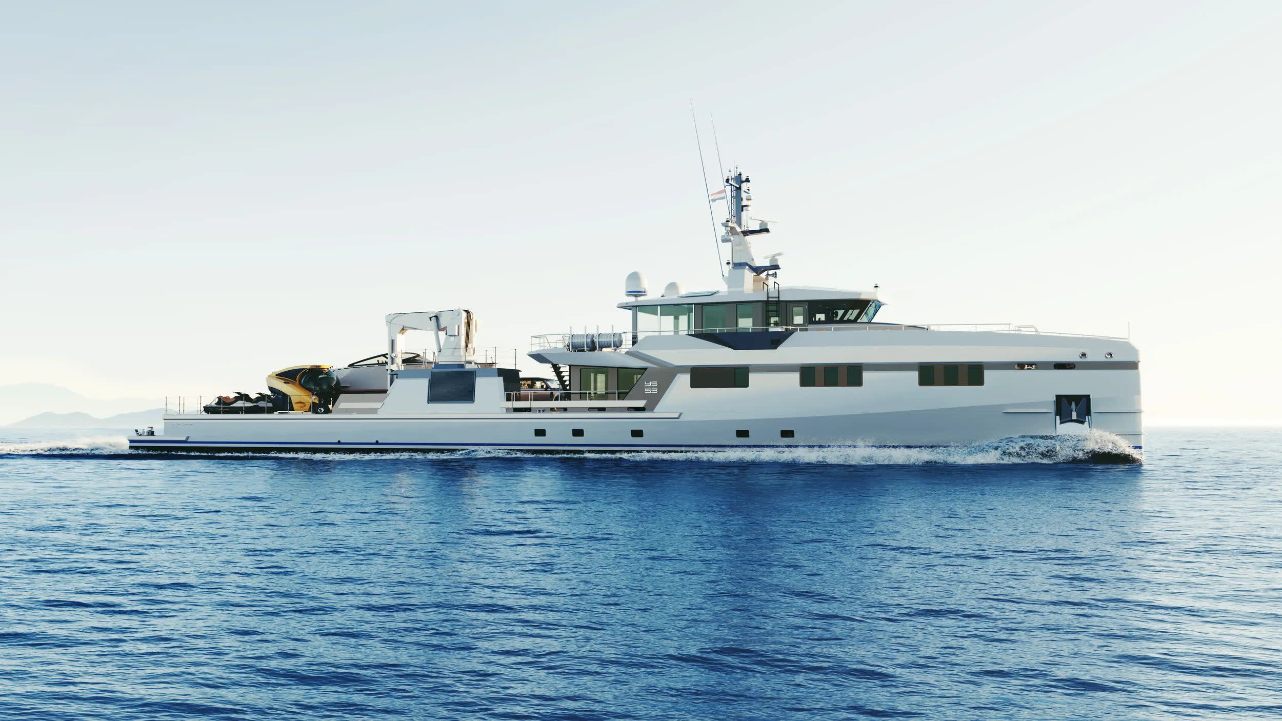 A sleek white yacht cruises through calm blue waters under a bright, clear sky.