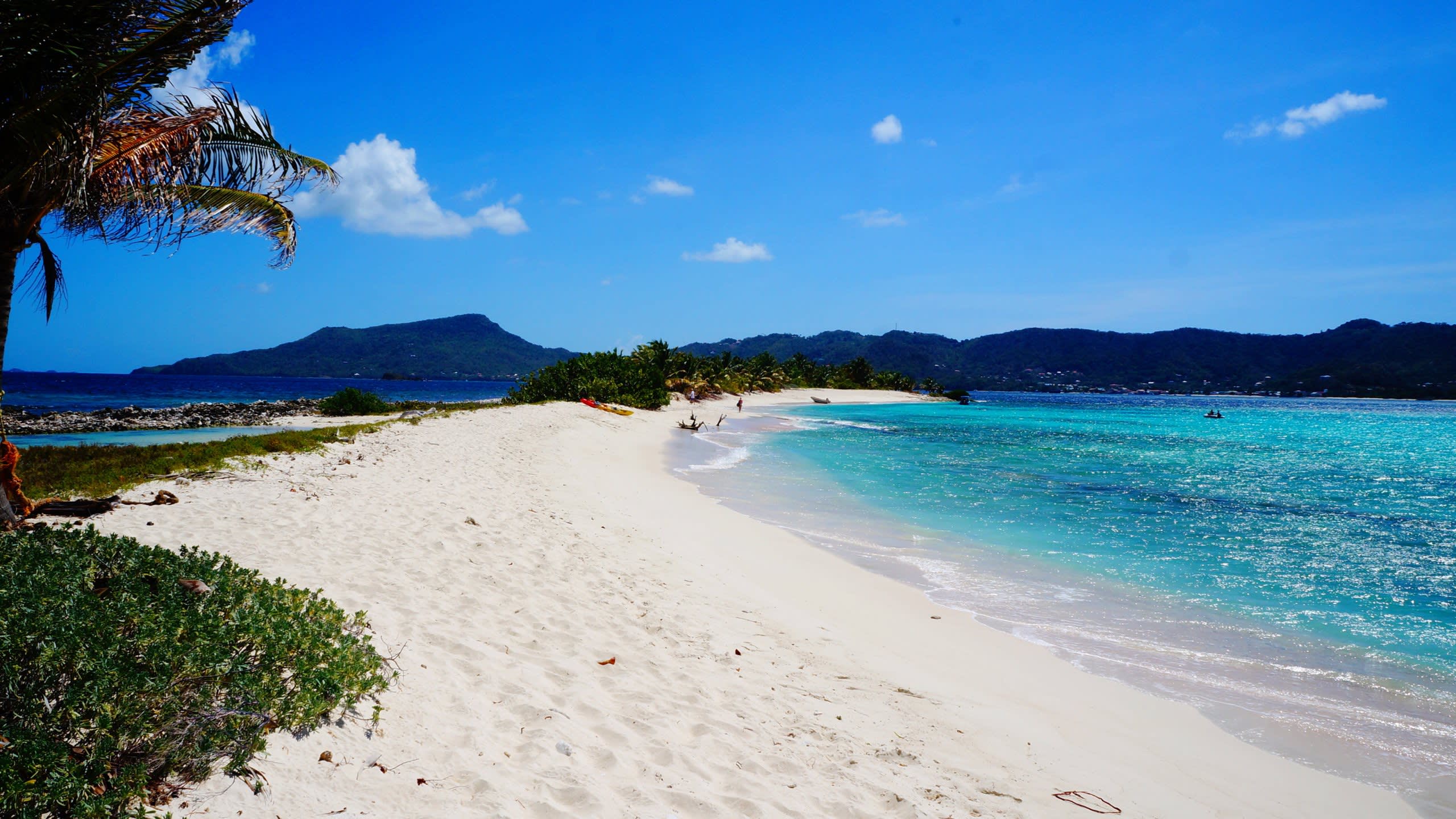 A pristine white sand beach meets the vibrant turquoise waters of the Caribbean under a brilliant blue sky.