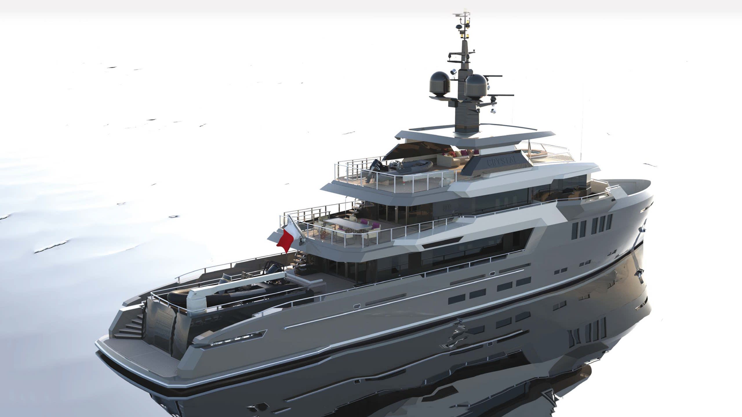 A sleek superyacht named Crystal glides across calm waters, showcasing its luxurious decks and modern design.