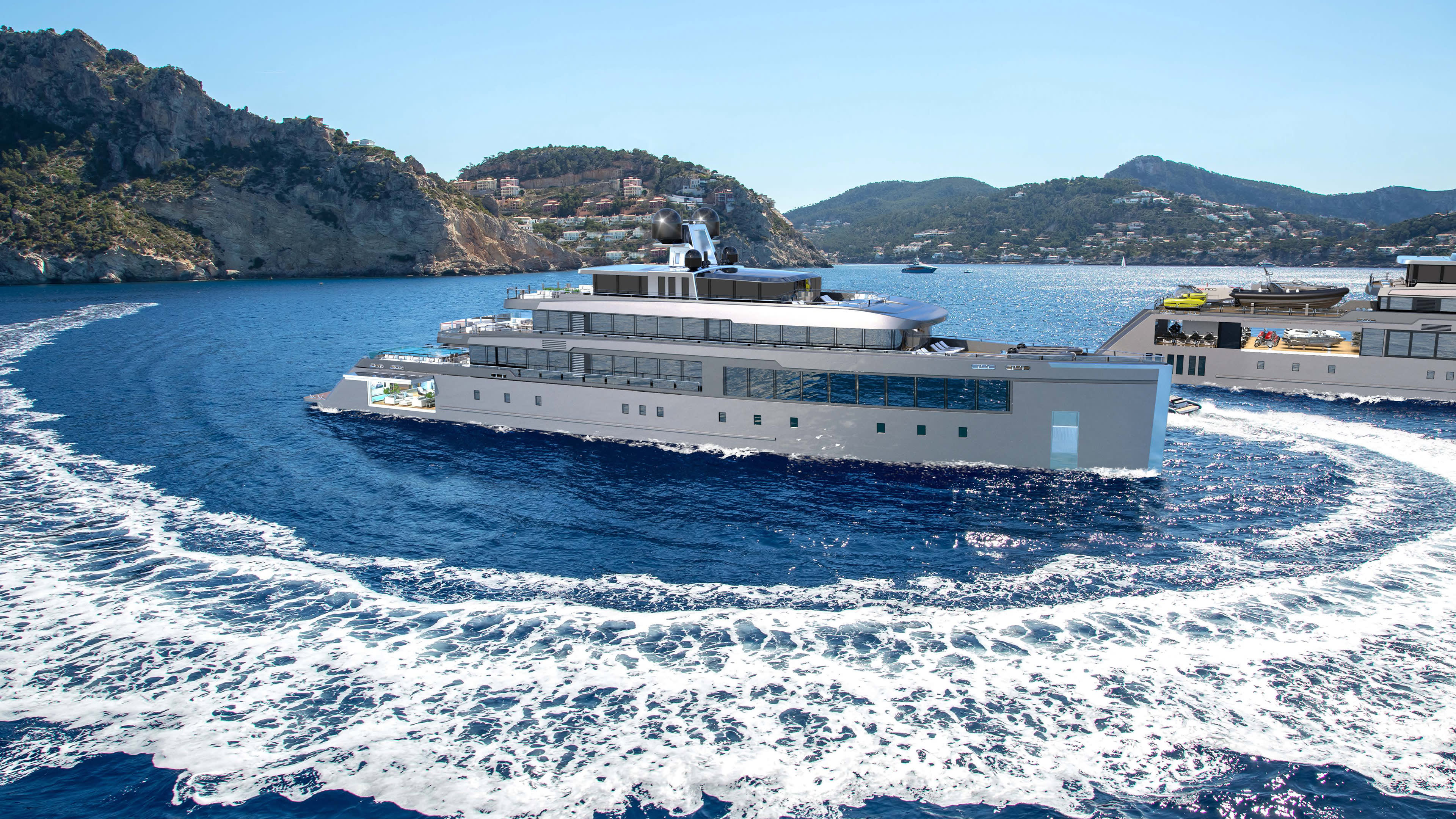 A large, luxurious cruise ship is sailing through the calm, blue waters, surrounded by rugged mountains and a picturesque coastal town in the background.