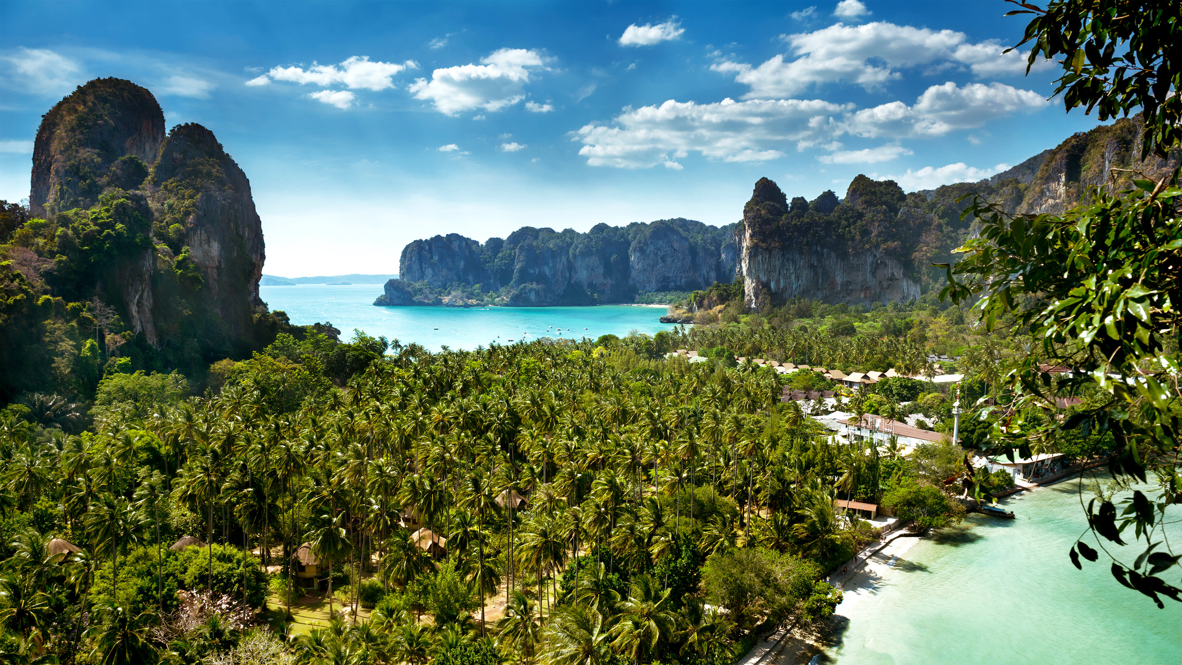 Lush palm trees blanket the coastline leading to a turquoise bay framed by dramatic limestone cliffs under a bright blue sky.