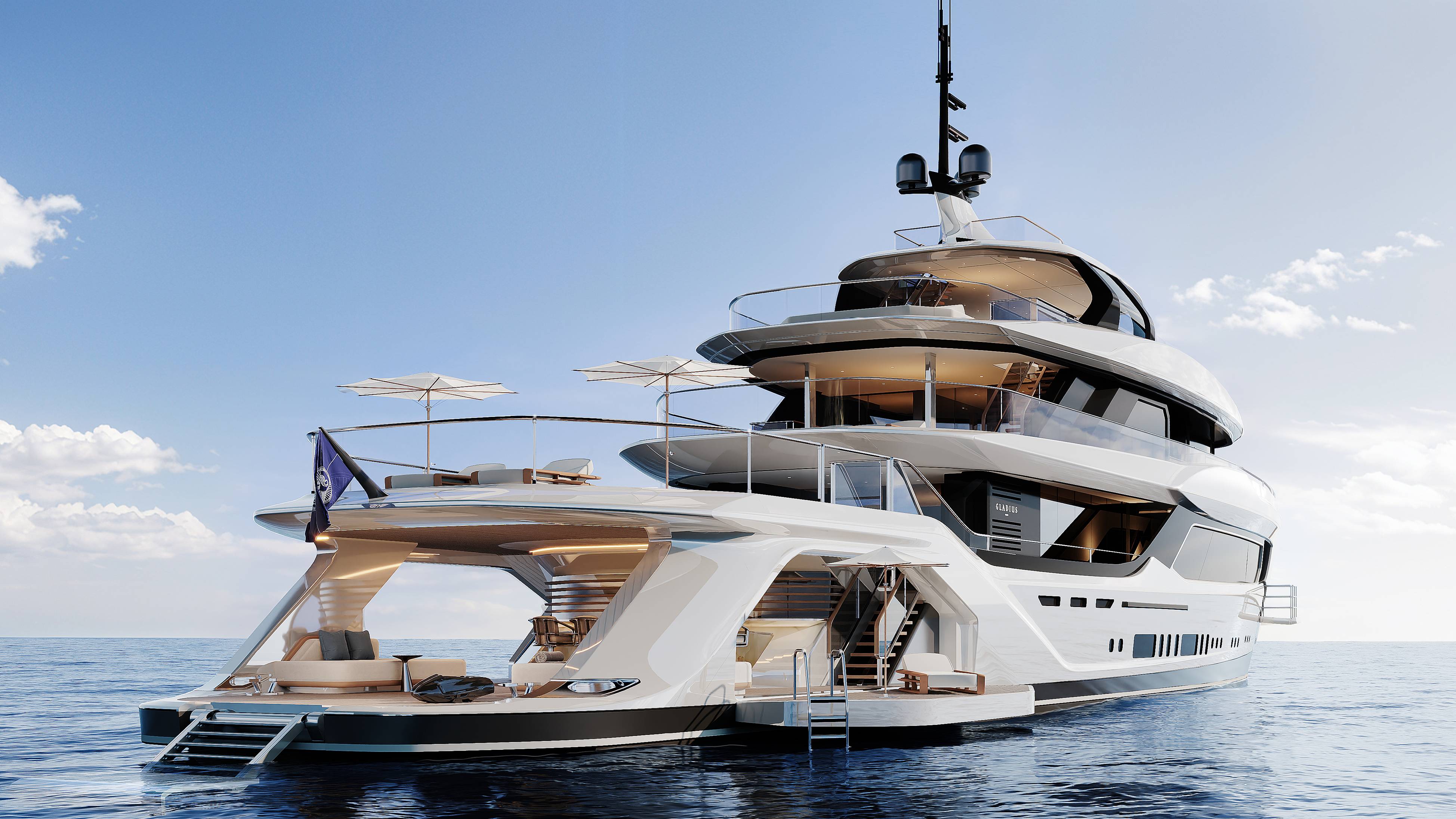 A luxurious white multi-deck yacht floats on a calm blue sea under a clear sky with scattered clouds.