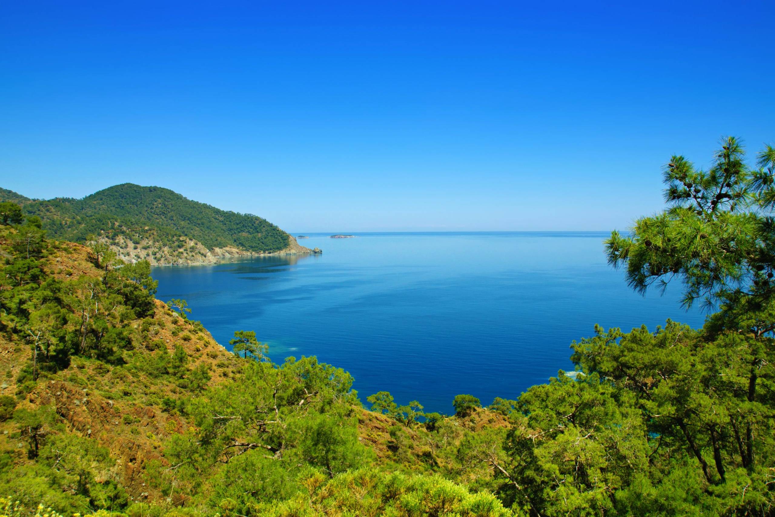 Lush green hills cascade down to meet the tranquil, deep blue waters of the Mediterranean Sea under a clear sky.