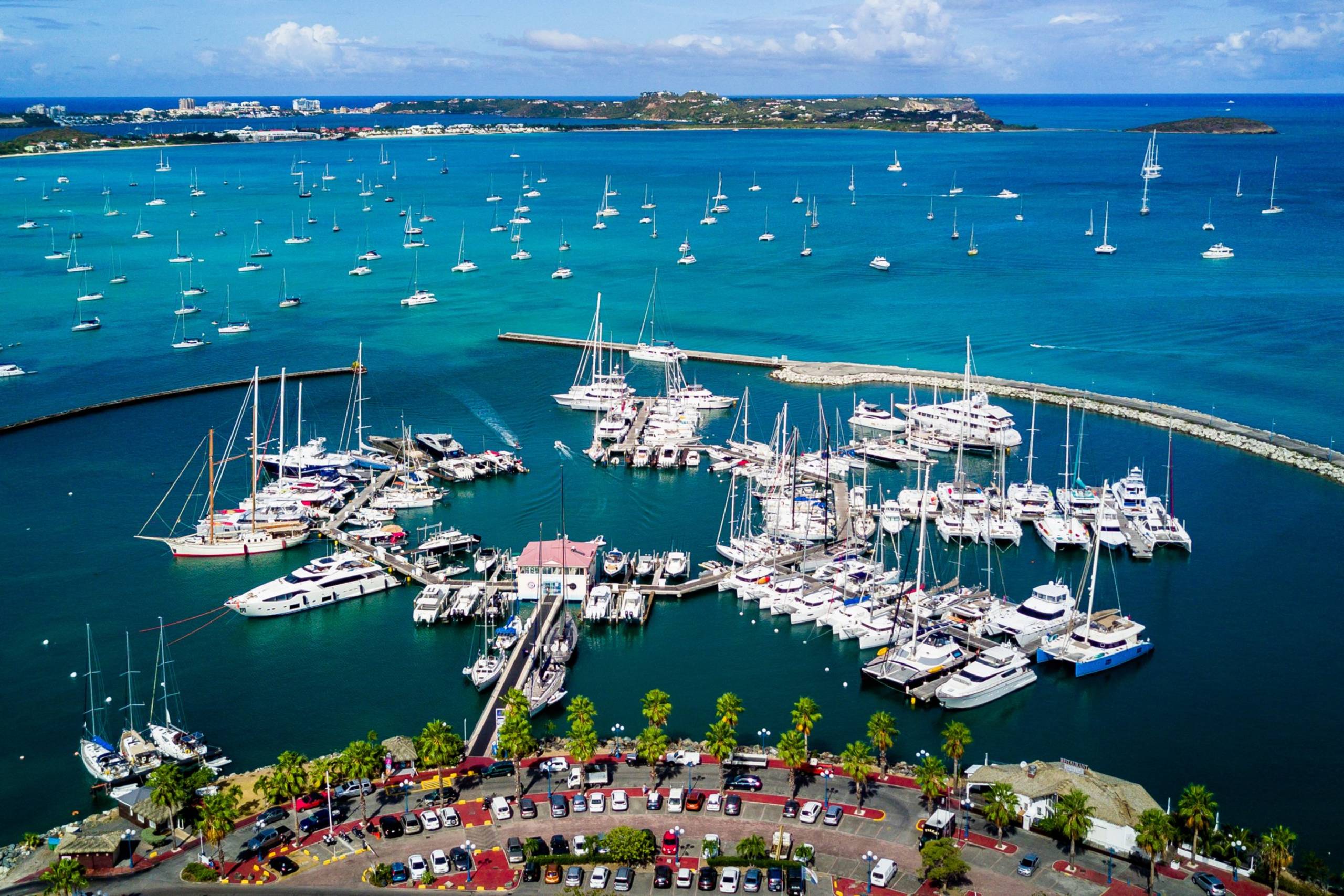 A vast harbor teems with sailboats and yachts under a bright blue sky.