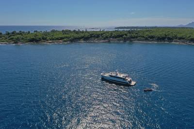 A sleek white yacht and its tender cruise the sparkling blue waters near a lush green island.