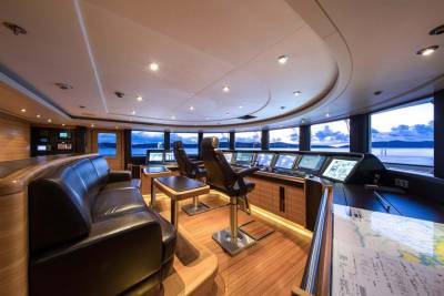 The luxurious yacht's bridge offers panoramic views of the sea, equipped with advanced navigation systems and comfortable seating.
