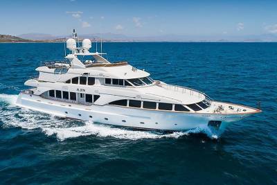 The luxurious yacht Elena glides through the deep blue ocean under a clear sky.