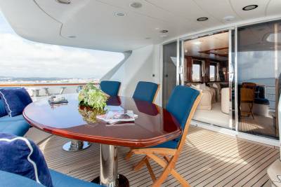 Enjoy a leisurely meal al fresco on the deck of this luxurious yacht, surrounded by stunning coastal views.
