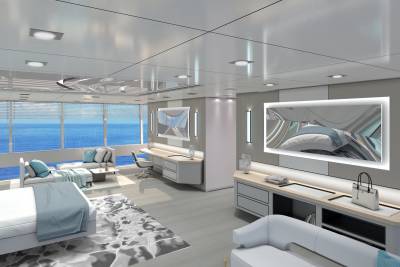 Luxurious yacht interior offers a serene bedroom and living space with breathtaking ocean views.