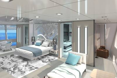 Luxurious yacht interiors offer serene ocean views from spacious suites with elegant furnishings.