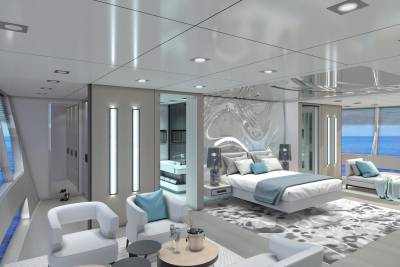 Luxurious yacht interior features a serene bedroom with ocean views and a modern en-suite bathroom.