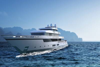 A sleek, modern yacht glides through the azure ocean waters, with misty mountains forming a dramatic backdrop.