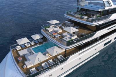 Luxurious yacht decks offer ample space for relaxation with plush seating, sun loungers, and a refreshing swimming pool.