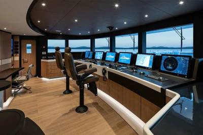 The modern bridge of a luxury yacht offers panoramic views and advanced navigation systems for a seamless journey.