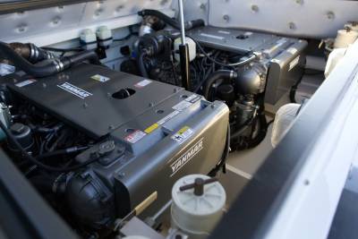 Two powerful Yanmar engines sit ready to propel this vessel across the water.