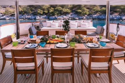 A beautifully set table awaits on a yacht deck, offering a feast of fresh fruit and pastries against a backdrop of turquoise waters and rocky shores.