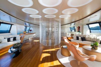 Luxurious yacht interiors blend modern design with stunning ocean views, creating an elegant retreat at sea.