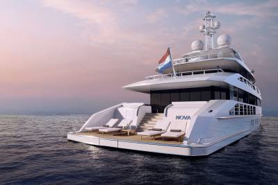 A luxurious yacht named Nova glides across calm waters under a pastel sky, offering a serene escape.