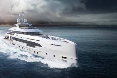 A sleek white yacht cuts through the dark, choppy waters under a dramatic, cloudy sky.