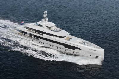 The sleek white yacht Nova cuts through the deep blue ocean, leaving a foamy wake in its powerful stride.