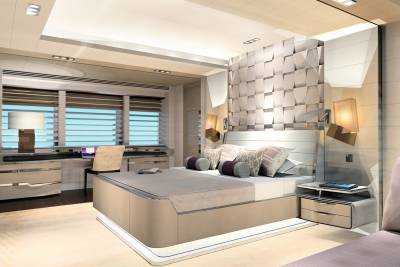 Luxurious modern bedroom with a sleek design, featuring a large bed, stylish headboard, and a well-lit desk area.