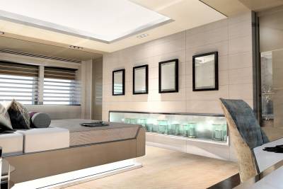 Luxurious yacht interior features a modern bedroom with sleek furniture, ambient lighting, and decorative candles displayed on a shelf.