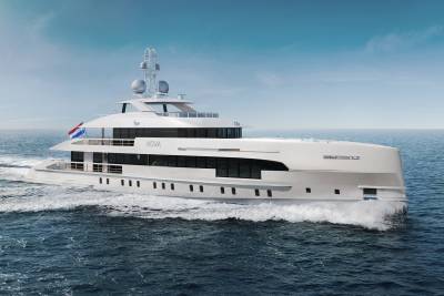 A sleek white superyacht named Nova cuts through the deep blue ocean under a clear sky.