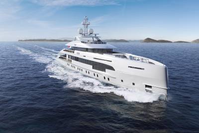 A sleek white superyacht named Nova cruises through the deep blue ocean under a clear sky.