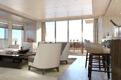 Relax in this luxurious yacht lounge with stunning ocean views and a well-stocked bar.