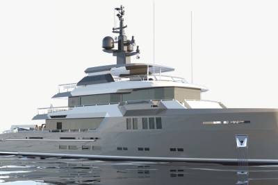A sleek, modern superyacht named "Crystal" glides gracefully across calm, reflective waters.