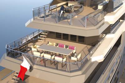 An elegant yacht features an outdoor dining area with a table and chairs, a tender boat, and a flag waving in the breeze.
