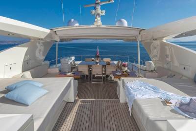 Relax on the spacious deck of this luxury yacht, surrounded by the azure sea and clear blue skies.