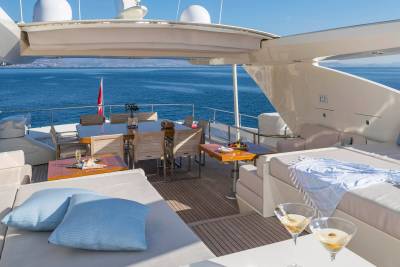 Relax on the spacious deck of a luxury yacht with stunning ocean views and refreshing cocktails.
