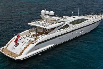 The luxurious yacht "Rush" glides through the deep blue ocean, showcasing its elegant design and spacious decks.