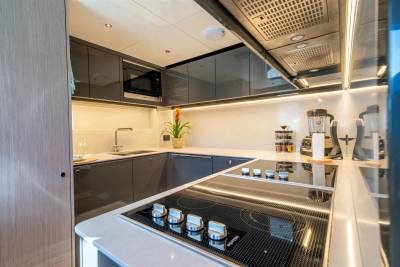 This sleek, modern galley kitchen features dark cabinetry, a built-in microwave, and a spacious induction cooktop.