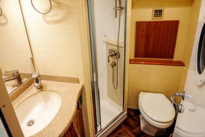 A compact boat bathroom features a sink, shower, and toilet with warm wood accents and a porthole.