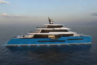 A sleek, multi-level yacht with a vibrant blue hull glides gracefully across the calm, open sea under a soft sky.