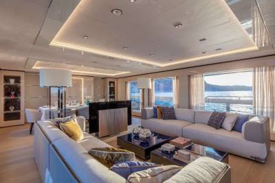 Luxurious yacht interiors seamlessly blend with breathtaking ocean views, creating an opulent retreat at sea.