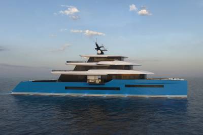 A sleek, modern blue yacht glides across calm waters under a partly cloudy sky.