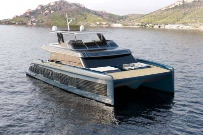 A sleek, solar-powered catamaran glides across calm waters with a lush, mountainous coastline in the background.