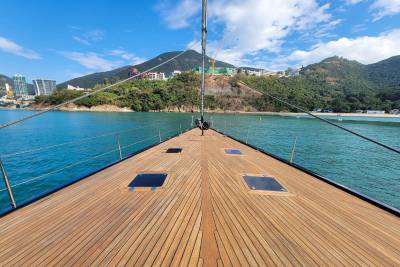 Sailing on turquoise waters towards a lush green coastline dotted with modern buildings under a clear blue sky.