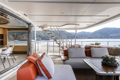 Relax on the luxurious deck of this yacht, enjoying breathtaking views of the Mediterranean coastline.