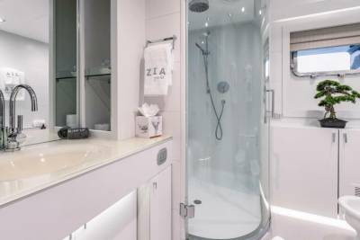 A sleek, modern yacht bathroom features a glass shower, elegant vanity, and a decorative bonsai tree by the porthole window.