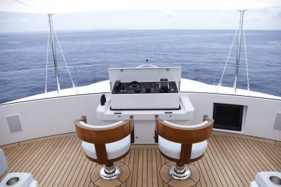 The helm of a luxurious yacht offers a commanding view of the endless blue sea.