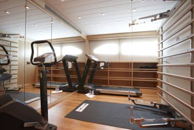 This well-equipped home gym features treadmills, an exercise bike, and a wooden wall-mounted ladder for a complete workout.