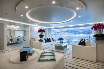 Luxurious yacht interiors offer breathtaking ocean views and elegant seating areas for ultimate relaxation.