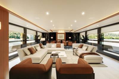 Luxurious yacht interiors offer breathtaking views of the surrounding natural landscape.