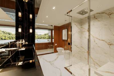 Luxurious marble and dark wood create a spa-like oasis with stunning water views.