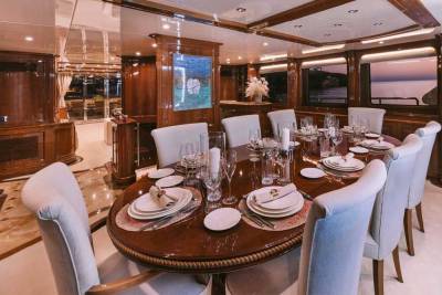 Elegant dining aboard a luxury yacht offers a sophisticated setting for memorable meals with breathtaking ocean views.