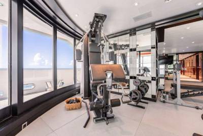 A modern, well-equipped home gym with various exercise equipment and large windows overlooking a scenic outdoor view.